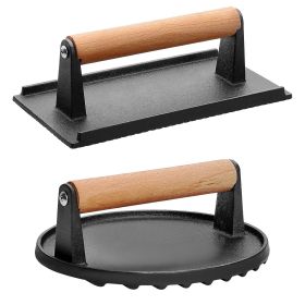 2Pcs Cast Iron Grill-1Pc Rectangular & 1Pc Round Press Pre-Seasoned Steak Weights Smash Burger Press Bacon Meat Smasher With Wood Handle 7in Roun (Option: 2Pcs)